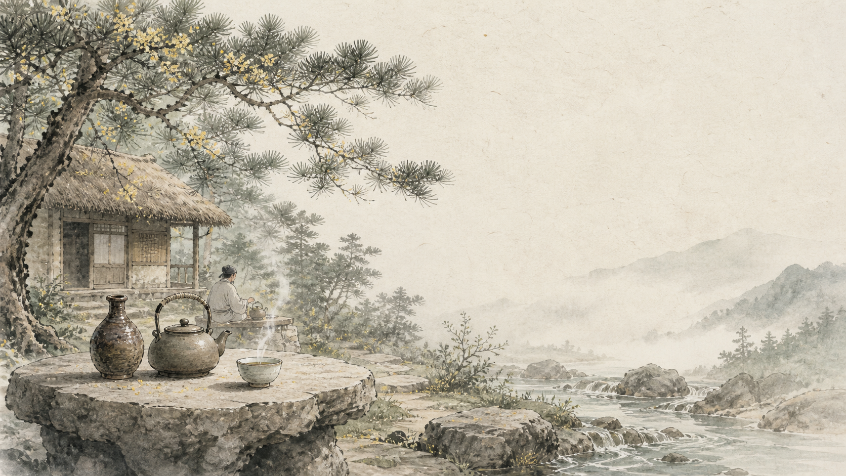 松花树下，山中人以春泉煎茶，石案上放着酒坛与茶盏